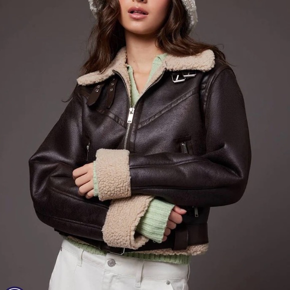Forever 21 Faux Shearling Moto Jacket 1X Brown Cream Buckle - Picture 2 of 13